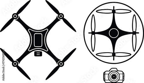 Vector illustration of modern drone designs with camera technology and circular protective frame aerial innovation and unmanned systems used in photography and videography