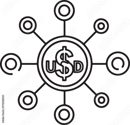 Vector art of centralized dollar coin with radiating connections to smaller circles
