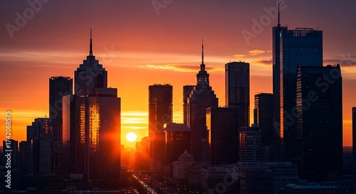 Cityscape Silhouette at Sunset - Urban Skyline Glow.