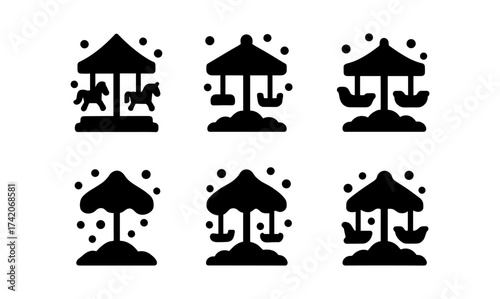 Silhouette carousel icons with horses and swings in minimal style