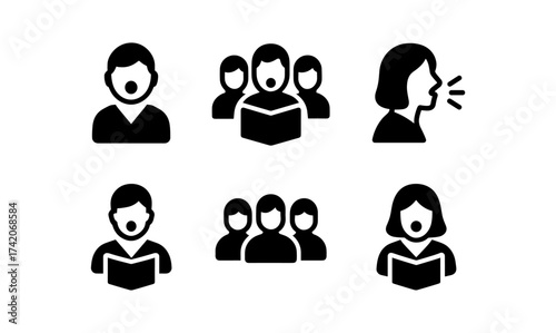 Singing icon set: group and solo performers in silhouette style