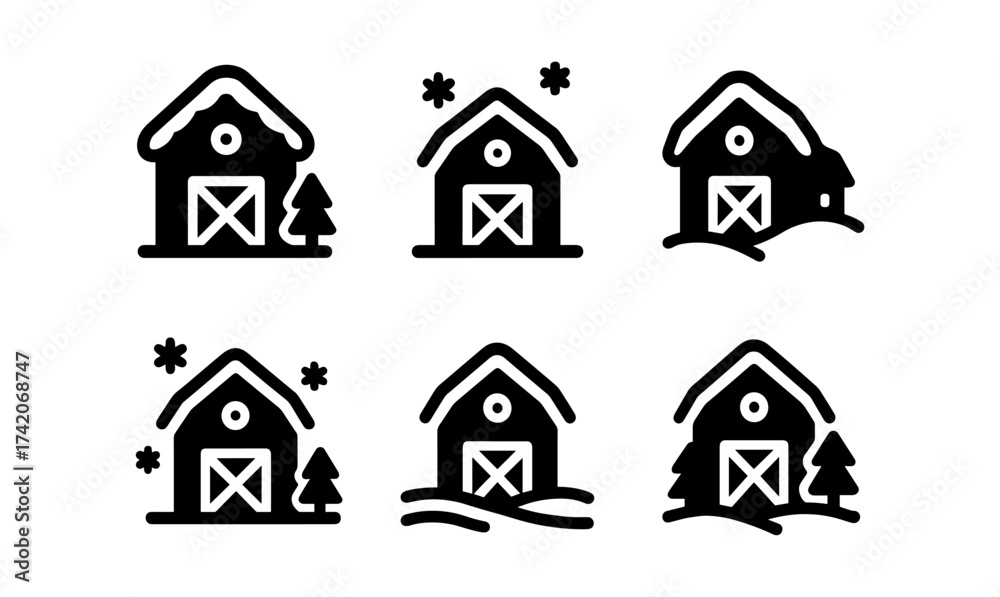 Fototapeta premium Black and white linear winter barn icons with snowy elements