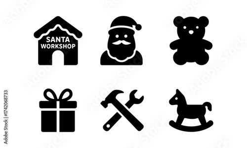 Festive silhouette icons: santa, toys, and holiday cheer