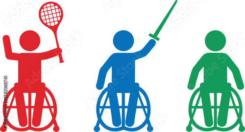 Wheelchair Sports Pictograms Featuring Tennis Fencing and Archery Red Blue and Green Colors for Accessibility Design and Inclusive Activities