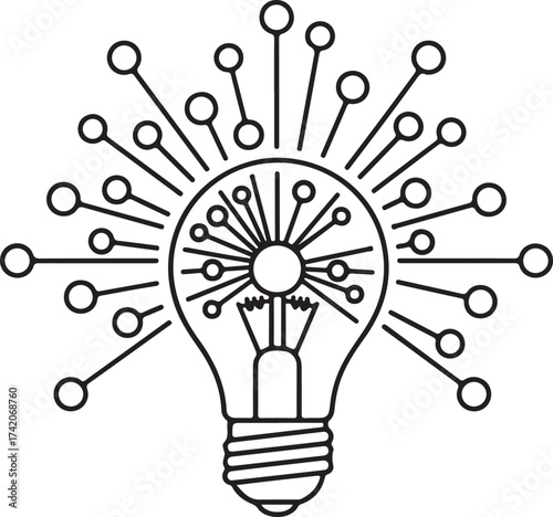 Vector art of light bulb with radiating lines and circles, symbolizing a bright idea and technological advancement
