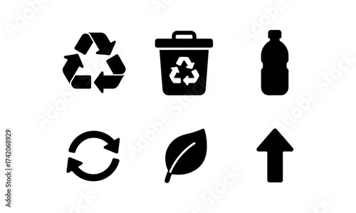Black silhouette icons of recycling and sustainability symbols