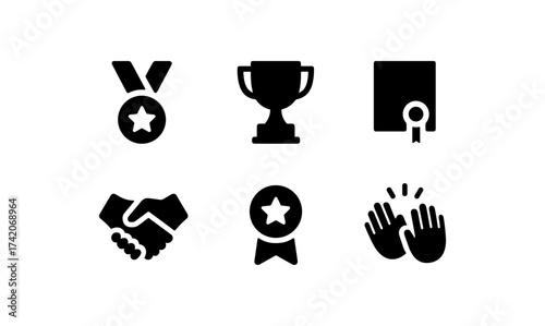Icons of achievement: medal, trophy, diploma, handshake, ribbon, applause