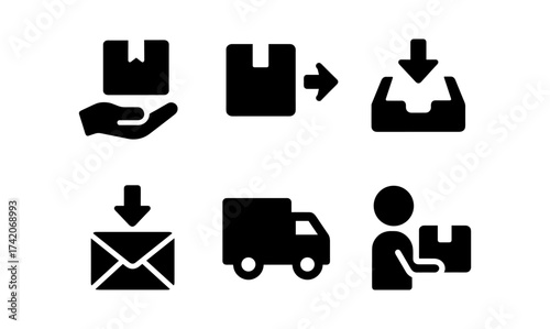 Delivery and shipping icons: package, mail, and truck symbols in black silhouette style