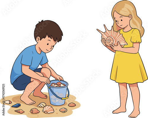 Happy boy and girl collecting seashells in a bucket on a sandy beach, summer vacation and childhood hobby concept

.