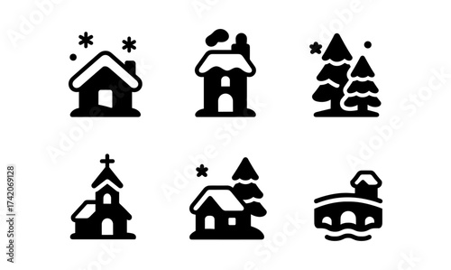 Winter icons: minimalist black silhouettes of houses and nature scenes