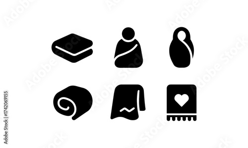 Blanket, shawl, and towel symbols in minimalist black silhouette style