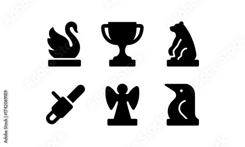 Silhouette chess icons set: swan, trophy, bear, dropper, angel, penguin