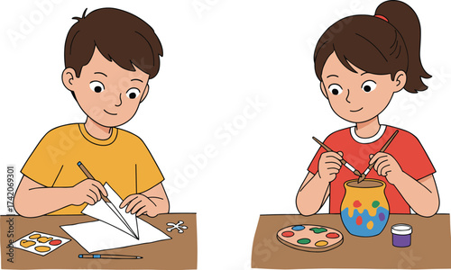 Cute boy and girl children doing creative craft activities, drawing and painting a vase, art class concept, creativity

.