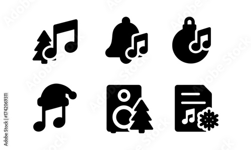 Christmas music icon set with holiday symbols in black silhouette style