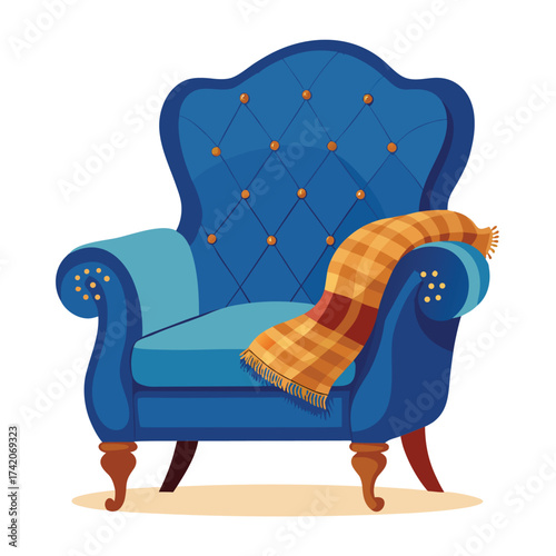 Plush blue armchair with a sturdy wooden base, offering a comfortable and inviting seating option. Vector cartoon illustration