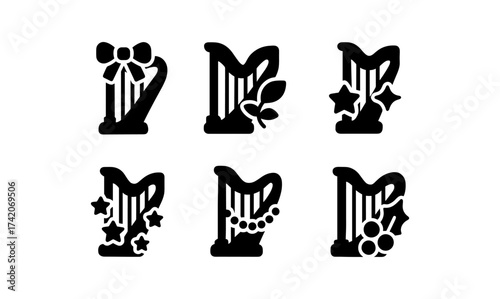 Set of decorative harp icons with various adornments in silhouette style