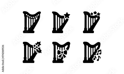 Black harp icons with festive decorations in minimalist style
