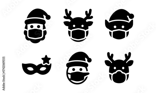 Christmas characters in masks: santa, reindeer, elf holiday silhouette icons