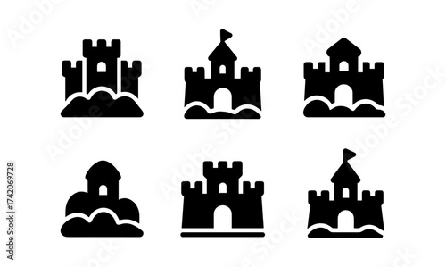 Minimalist sand castle icons set for beach themes