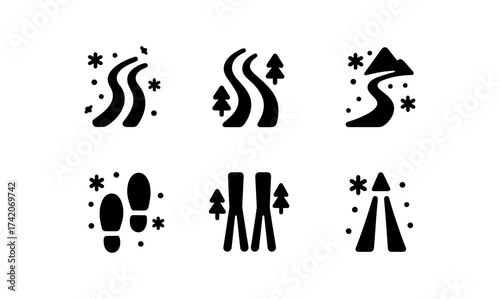 Winter sports icons set: skiing and snowboarding silhouettes with trees and snowflakes