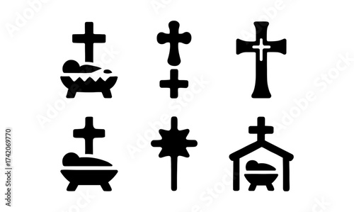 Silhouette nativity icons and cross symbols for christmas design