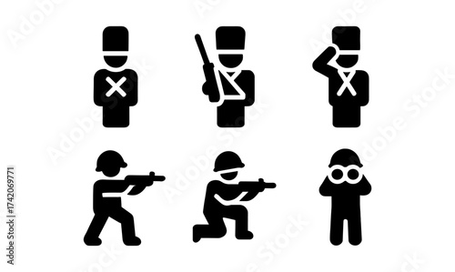 Military and guard icons set: silhouettes of soldiers and guards in various poses