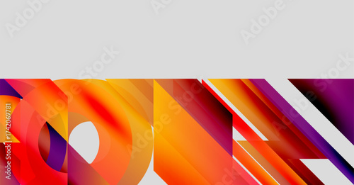 Abstract composition featuring vibrant orange, red, purple gradients. Dynamic shapes create modern visual impact. Smooth transitions dominate design.