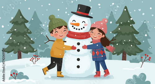 Joyful children embracing a snowman in a snowy winter forest scene.