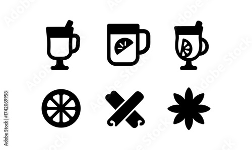 Simple black icons of hot drinks and spices with cups and ingredients