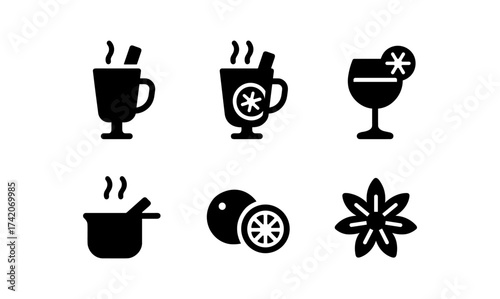 Collection of mulled wine icons for seasonal beverage design