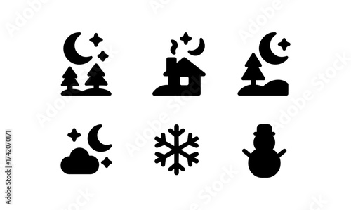 Minimalist winter icons set featuring snowman, snowflake, and night landscape elements