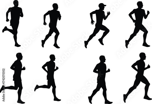 Running silhouettes, athletic motion, jogging posture, black vector runners, fitness icons, sports activity, dynamic stride, marathon pace, sprinting figures, exercise clipart