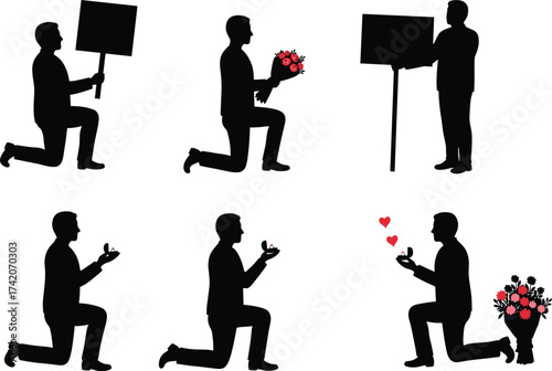 Romantic proposal silhouettes, kneeling man, holding flowers, engagement ring, love gesture, couple relationship, marriage proposal, romance, affection, passion, emotional connection, celebration