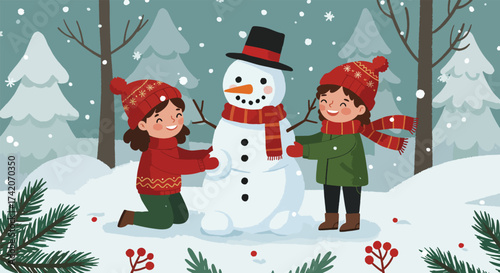 Two happy children building a snowman in a snowy winter forest.