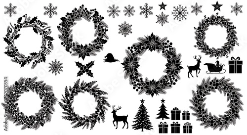 Festive Christmas Wreath and Silhouette Collection for Holiday Designs.