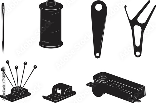 Sewing tools, silhouette icons, needle, thread spool, bobbin case, seam ripper, pincushion, presser foot, needle threader, tailoring equipment, garment accessories, fashion design