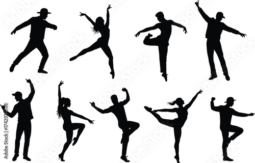 Silhouette dancers performing, ballet pose, contemporary dance, street style, artistic movement, choreography expression, graceful balance, dynamic posture, performance art, body language