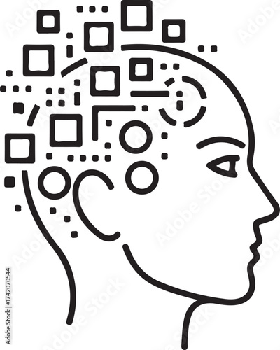 Vector art of profile silhouette of a human head filled with abstract digital shapes and patterns, representing thought process or digital mind