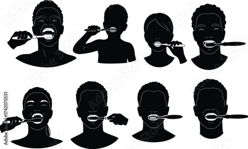 Silhouette people brushing teeth, oral hygiene, dental care, daily routine, healthy lifestyle, personal hygiene, wellness habit, clean teeth, bathroom activity, health