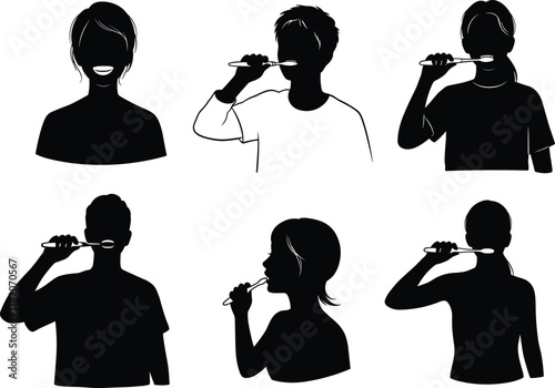 Silhouette people brushing teeth, oral hygiene, dental care, daily routine, healthy lifestyle, personal care, bathroom activity, wellness habit, clean teeth, health