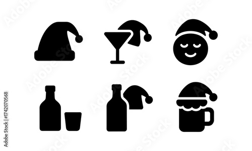 Festive christmas icons featuring santa hat and drinks in silhouette style
