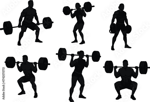 Silhouette people weightlifting, barbell squat, dumbbell curl, overhead press, strength training, bodybuilding exercise, gym workout, muscle building, powerlifting, healthy lifestyle, sport