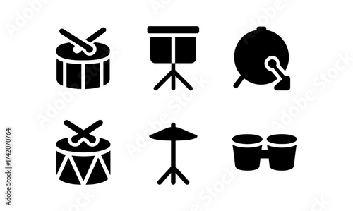 Musical instrument silhouettes: drums, cymbals, and percussion icons set
