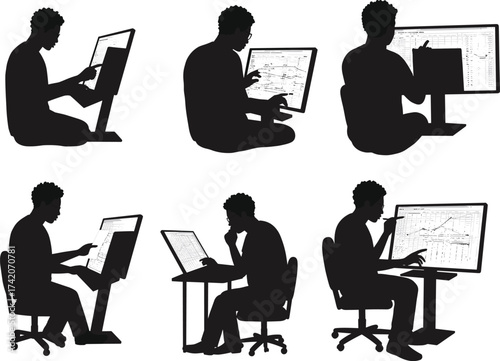 Silhouette people working on computer screens, data analysis, coding, digital workspace, technology concept, office setup, teamwork, productivity, business