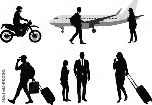 Travel silhouettes, airplane, motorcycle, commuters with luggage, business traveler, casual passenger, airport journey, transportation, mobility, diversity, tourism, vacation, travel lifestyle
