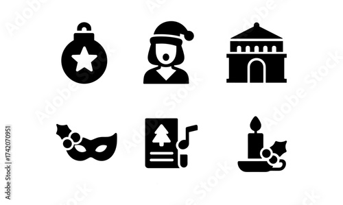 Festive holiday icons: christmas ornaments, choir, and candle imagery