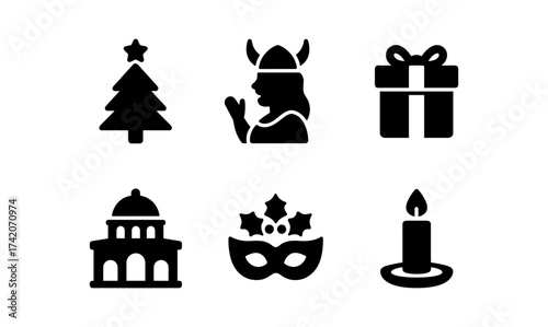 Holiday silhouettes: christmas tree, viking, gift, candle, mask, dome