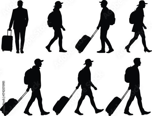 Travelers walking with luggage silhouettes, airport passengers with suitcases, business and casual people traveling, journey, tourism, vacation, transit, mobility, diversity