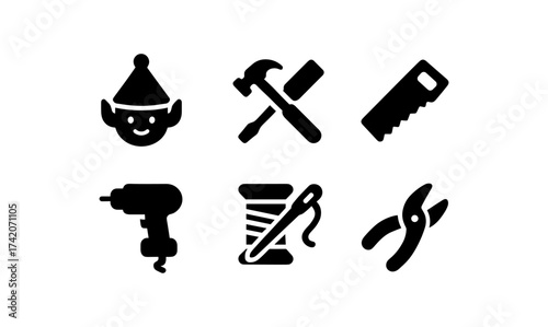 Crafting tools and elf icon set in minimalist silhouette design