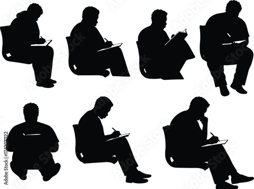 Writing silhouette, seated posture, drawing activity, black vector clipart, notebook sketch, study moment, creative workspace, student icon, artistic gesture